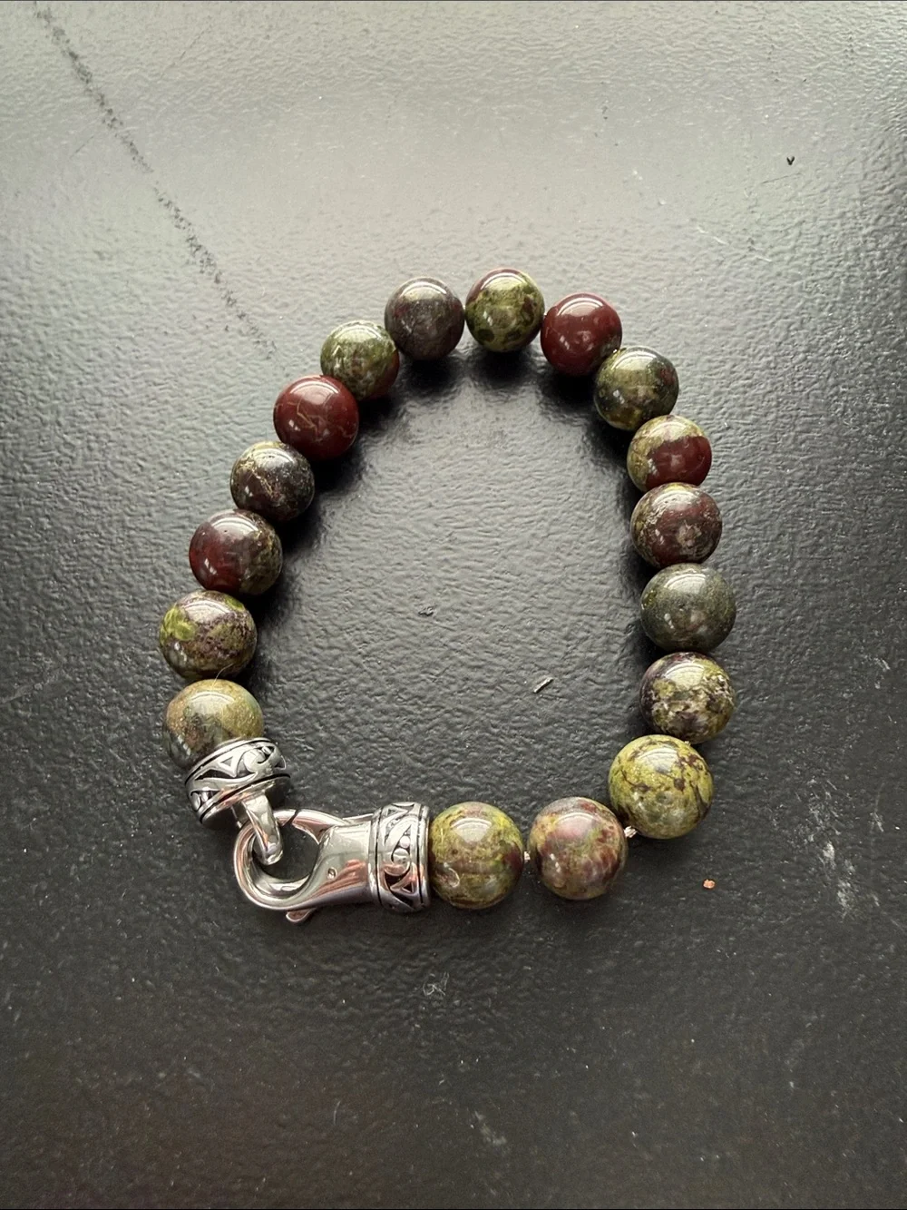 INOX NEW 10mm Dragon Blood Jasper Stone Bead Bracelet with Antiqued